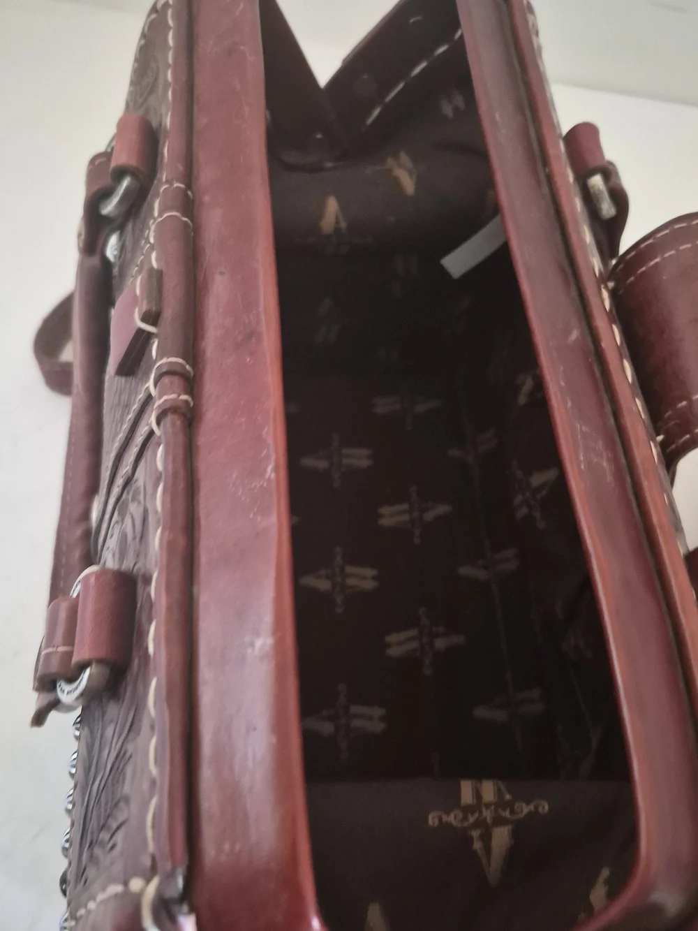 American West Red Rum Color Tooled Leather Handbag
